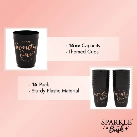 Black and Gold 21st Birthday Party Cups, Reusable Plastic Tumblers (16 oz, 16 Pack) {4}