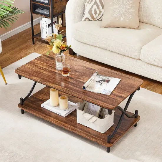 39-Inch Modern Rectangular Coffee Table with Metal Frame and Storage Shelf for Living Room Black & Brown {5}