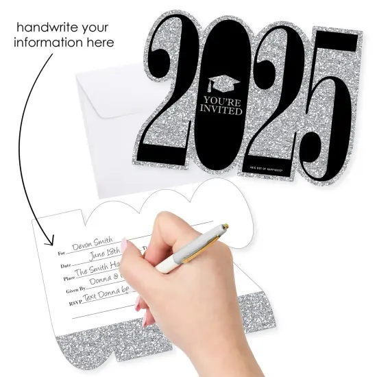 Big Dot of Happiness Silver 2025 Graduation Party Invitations - Shaped Fill-In Invite Cards with Envelopes - Set of 12 {3}