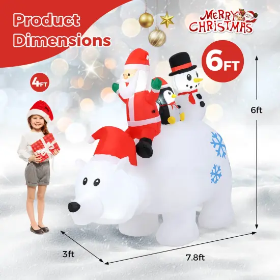 Costway 6 Ft Christmas Inflatable Animated Santa Penguin & Snowman Riding Polar Bear {3}