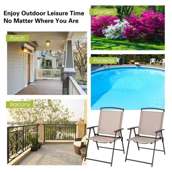 Costway 4 pcs Patio Folding Sling Dining Chairs Armrests Steel Frame Outdoor Beige/Grey {6}