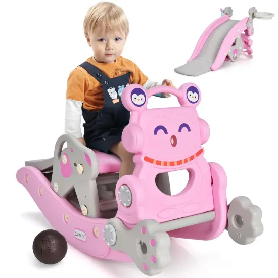 Costway 4-in-1 Rocking Horse & Slide Set Toddler Slide Toy with Basketball Hoop Blue/Pink {7}