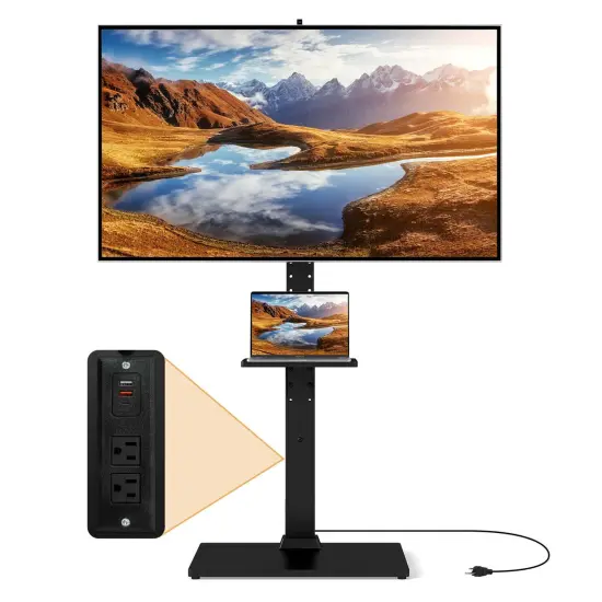 Costway Floor TV Stand with Power Outlet Height Adjustable Tall TV Stand with Storage Shelf {1}