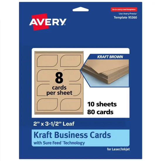 Avery Printable Leaf Business Cards, Sure Feed Technology, 2" x 3-1/2", Matte Kraft Brown Cardstock, Print-to-The-Edge, Laser/Inkjet Printable, 80 Total {7}