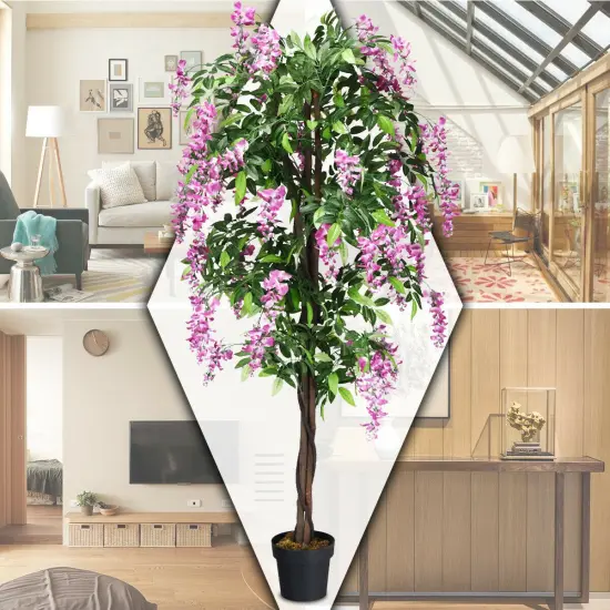 Costway 2 PCS 6 FT Artificial Wisteria Silk Tree Pink Flower Indoor-Patio Home {4}