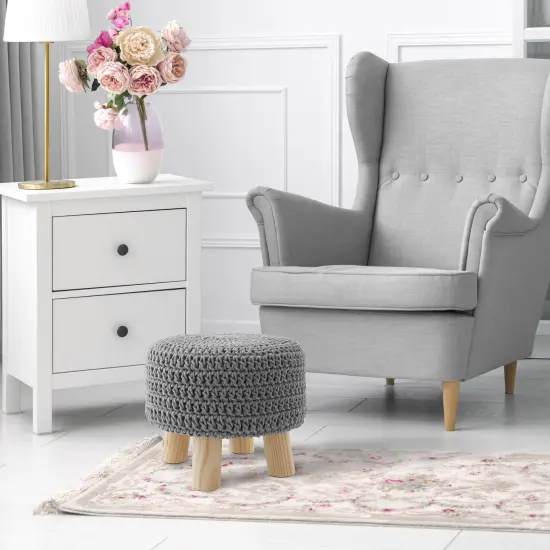 Pouf Ottoman Footstool, 13" Round x 11" High, Hand-Knitted Cotton Footrest, Non-Skid Wood Legs, Boho Foot Stool for Living Room, Bedroom {2}