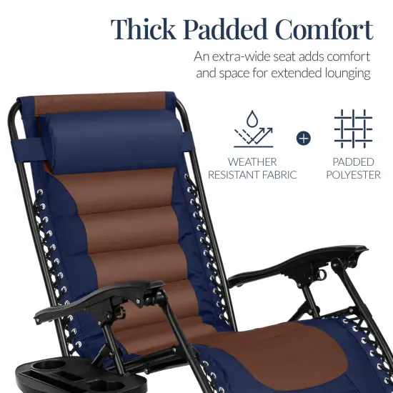 Best Choice Products Oversized Padded Zero Gravity Chair, Folding Outdoor Patio Recliner w/ Side Tray Navy/Brown {4}