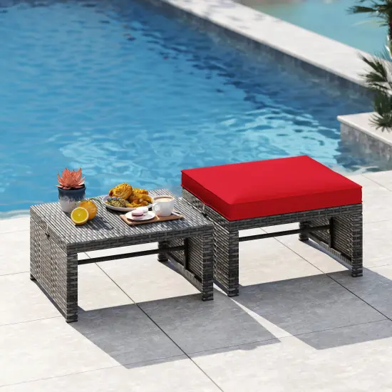 Costway Patio Ottomans Set of 2 PE Rattan Footstools with Removable Cushions & Metal Frame Red/Gray/Black/White/Turquoise/Navy {4}