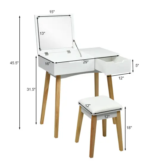 Costway Vanity Makeup Table Cushioned Stool Set W/Flip Top Mirror &1 Drawer Writing Desk {3}