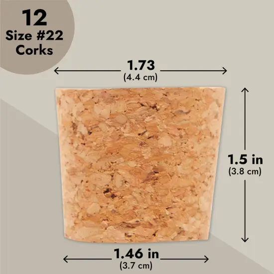 12 Pack Size 22 Cork Stoppers for Glass Bottles, Tapered Plugs for Arts and Crafts, DIY (1.7x1.46x1.49 in) Brown {5}