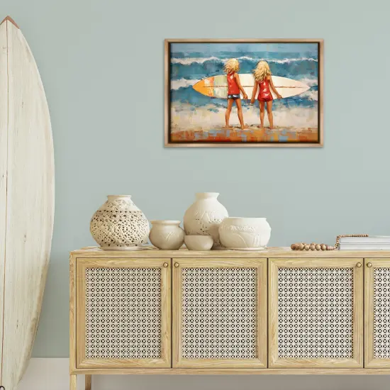 Stupell Industries Siblings with Surfboard Framed Floater Canvas Wall Art Design by Petal Prints Design {2}