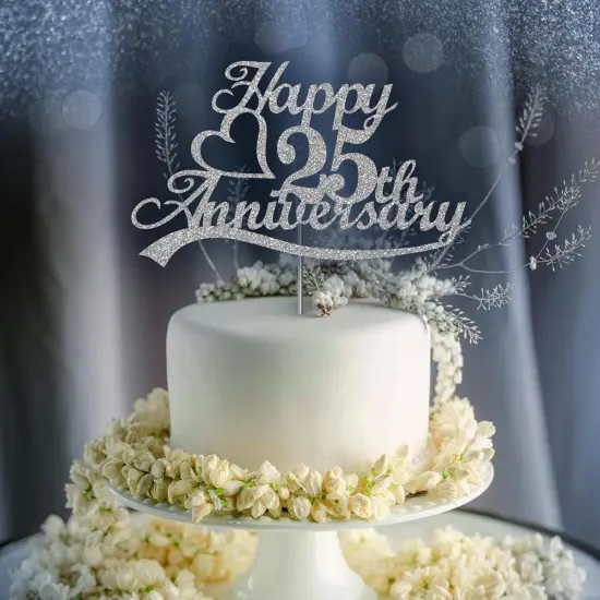 25th Anniversary Cake Topper Silver Glitter, 25 Wedding Anniversary {3}