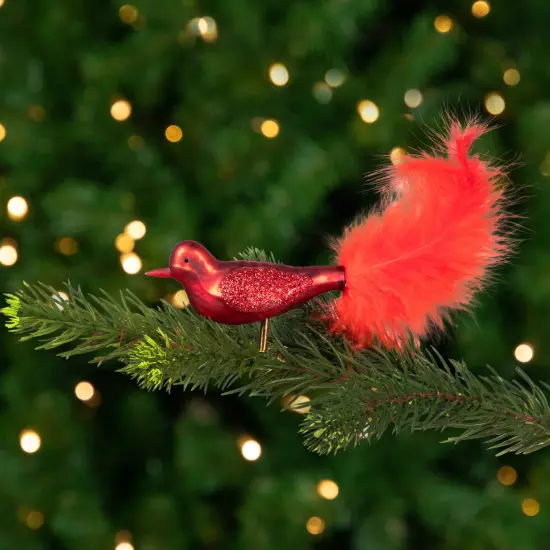 Northlight Glitter Winged Bird with Tail Clip On Glass Christmas Ornament - 5.5" - Red Orange {1}