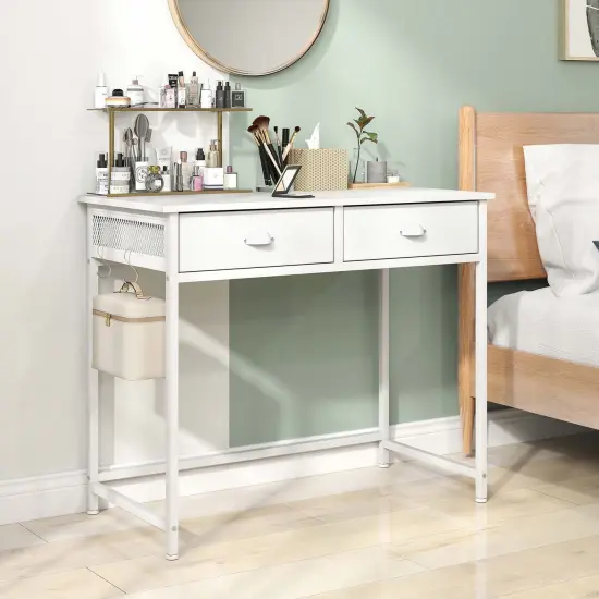 Costway Space Saving Home Computer Desk with 2 Fabric Drawers 4 Hanging Hooks & Metal Frame Brown/White {5}