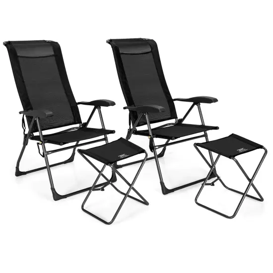 Costway 4PCS Patio Folding Dining Chair Ottoman Set Adjustable Back Camp Gray\Black {7}