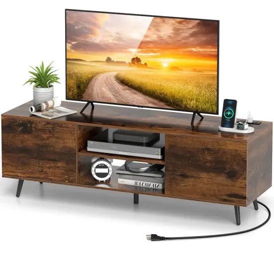 Costway TV Stand for 60" TVs Mid Century Modern Media Console Table with Adjustable Shelf Brown/Black {7}