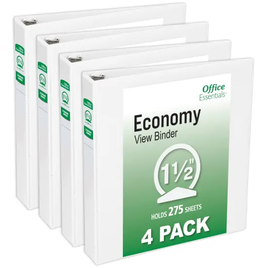 Office Essentials Economy View 3 Ring Binders, 1.5" Round Rings, 2.1" Spine, 275-Sheet Capacity, White Binders (4-Pack of 03128) {1}