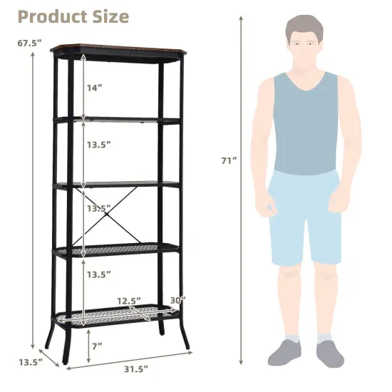 Costway 5 Tier Bookshelf Standing Storage Shelf Unit for Kitchen Living Room Office {3}