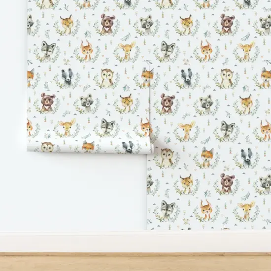 Pre-Pasted Wallpaper 2FT Wide Woodland Animal Faces Bear Fox Raccoon Deer Custom Pre-pasted Wallpaper by Spoonflower {2}