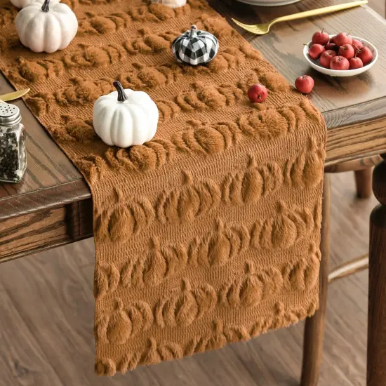 Caramel Soft Plush Faux Fur Jacquard Pumpkins Fall Table Runner,13x72 Inch {1}