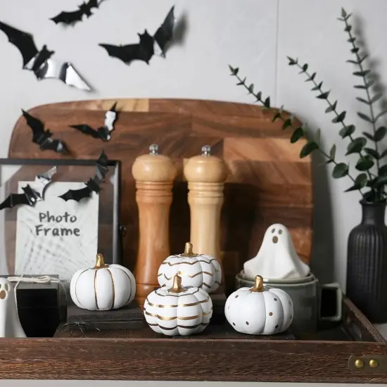 4Pcs White and Gold Halloween Pumpkin Decor, Modern White Pumpkins {3}