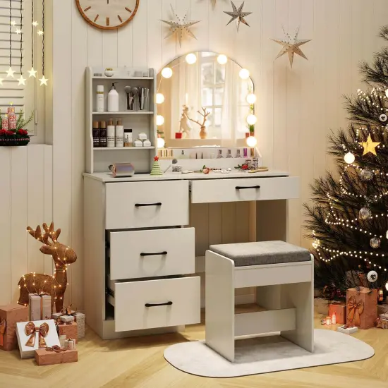 Costway Vanity Set with Mirror and Lights Dressing Table and Chair 4 Drawers 3 Open Shelves Black/White {5}