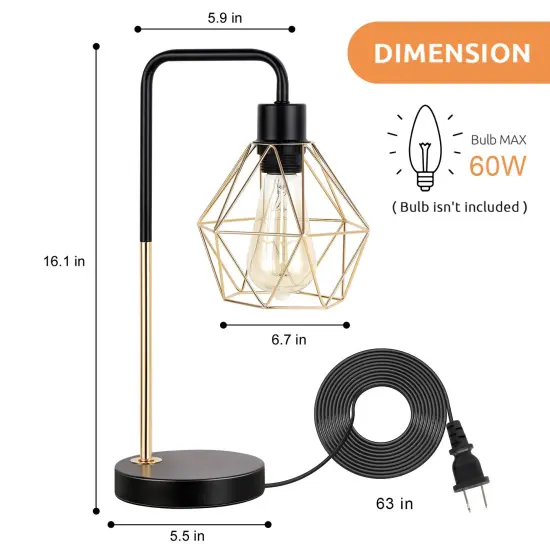 Modern Gold Geometric Table Lamp Diamond Cage Shade Bedside Light for Bedroom, Office, or Living Room UL Certified, E26 Bulb Compatible, Elegant Industrial Decor {2}