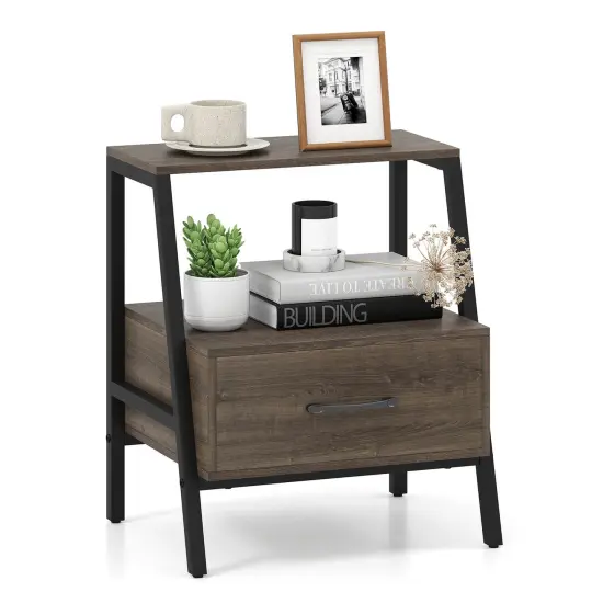 Costway 1/2 PCS Nightstand with Drawer Farmhouse 3-Tier Bedside Table with Open Shelf End Table {1}