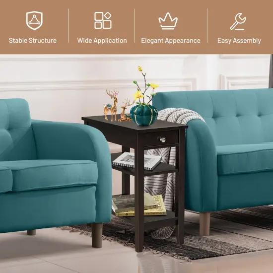 Costway 3-Tier Side End Table with Drawer Double Shelf Narrow Nightstand Espresso\Black {5}