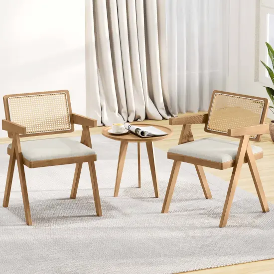 Costway Set of 2/4 Rattan Accent Chairs Fabric Dining Chairs Modern Living Room Chairs White {2}