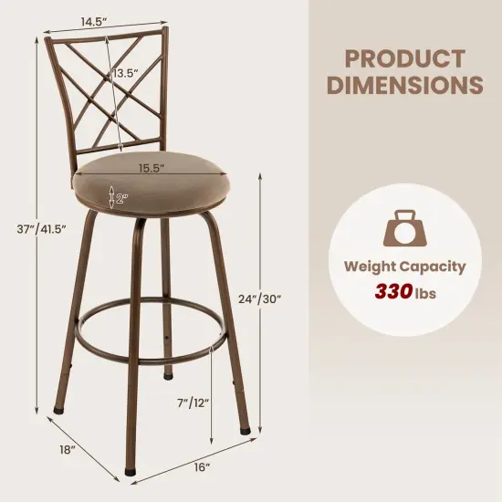 Costway Set of 2 24/30 Inch Adjustable Swivel Barstools Metal Dining Chairs Brown {3}