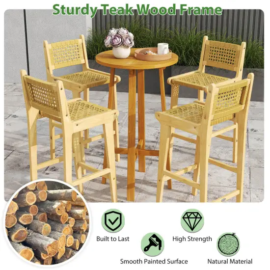 Costway 1/2/4 PCS Patio Teak Wood Bar Stool Outdoor Bar Height Chair with Rattan Backrest & Seat {6}