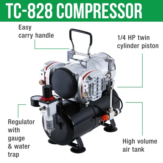 Precision Trigger Style Gravity Feed Airbrush Set with Twin Cylinder Piston Airbrush Compressor with Air Storage Tank {4}