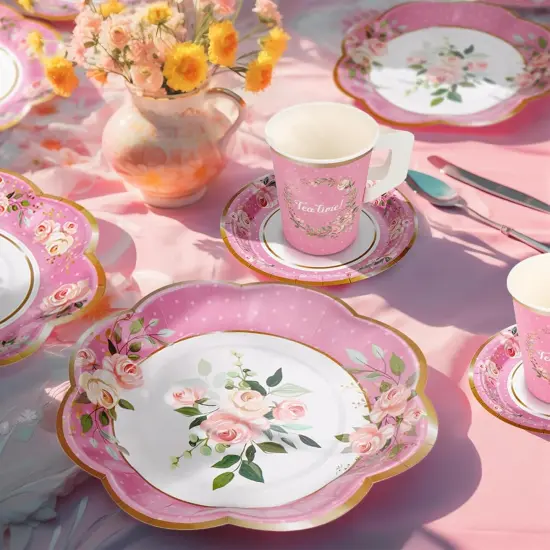 136Pcs Floral Tableware set Tea Party Supplies for 25 Floral Tea Cups with Handle 9&rdquo; 7&rdquo; Floral Paper Plates Disposable Flower Cups and Saucers Sets for Garden Birthday Bridal Wedding,Pink {3}