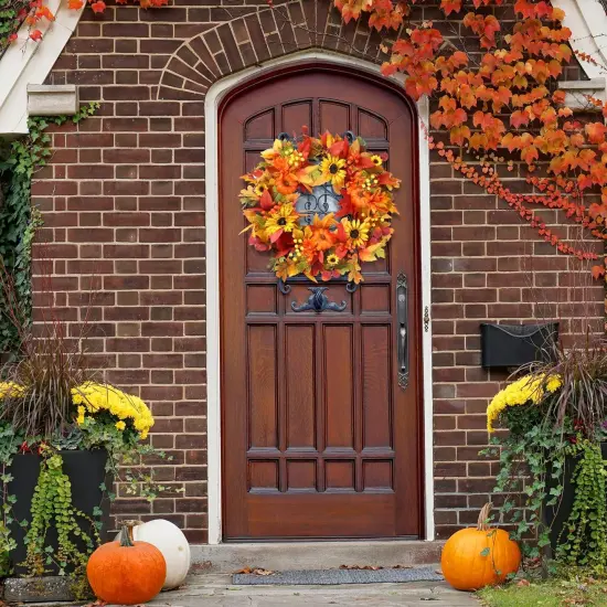 Fall Wreath Sunflower Pumpkins Berries Maple Leaves Daisies {4}