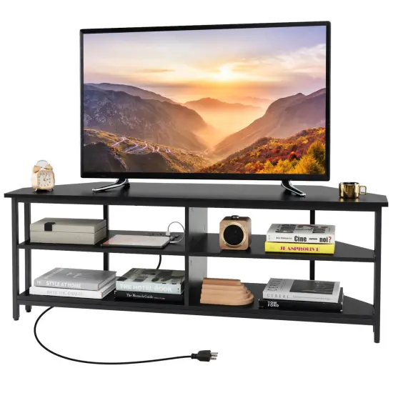Costway Corner TV Stand for TVs up to 65" TV Console Table with AC Outlets&USB A Ports Rustic Brown/Black/White {8}