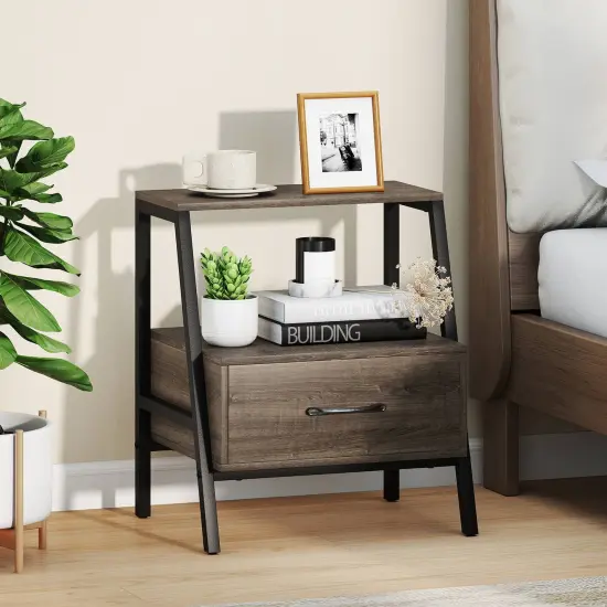 Costway 1/2 PCS Nightstand with Drawer Farmhouse 3-Tier Bedside Table with Open Shelf End Table {4}