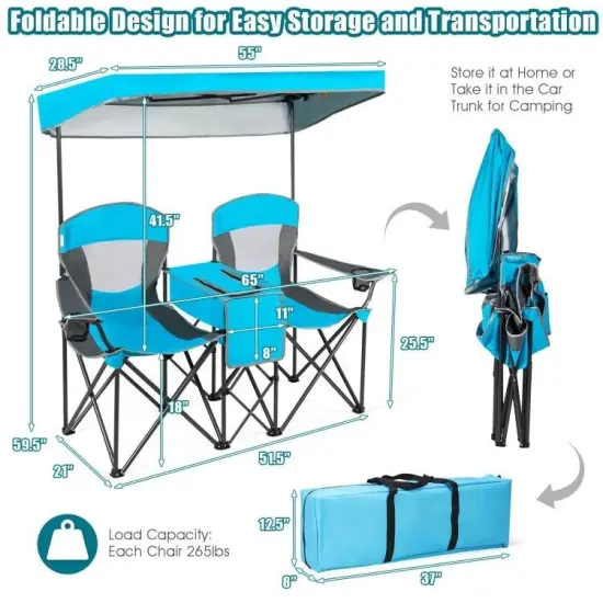 Steel Folding 2-Seater Camping Chair with Canopy and Cooler Light Blue {2}