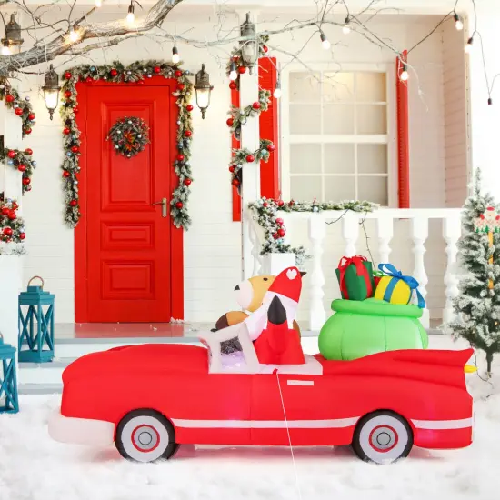 Costway 7.7 FT Long Christmas Inflatable Santa Claus and Reindeer Riding Red Car {4}