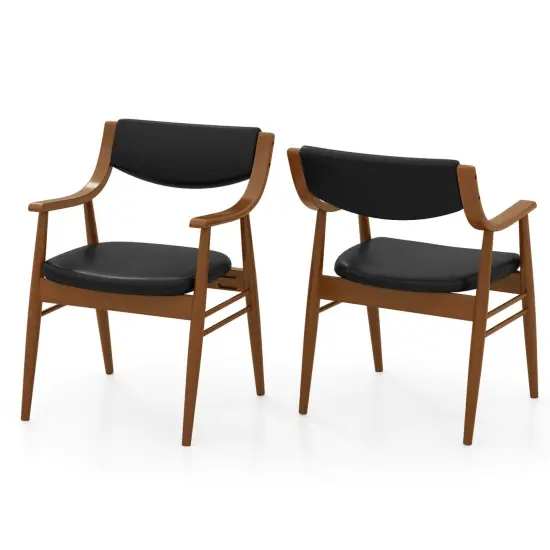 Costway PU Leather Dining Chair Set of 2 with Padded Seat & Back Armrests Rubber Wood Frame Black/Brown {7}