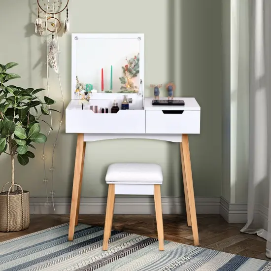 Costway Vanity Makeup Table Cushioned Stool Set W/Flip Top Mirror &1 Drawer Writing Desk {4}