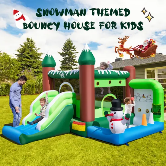Costway Inflatable Bounce House Christmas Snowman Theme with Slide Ball Pit Basketball Rim with 680W Blower Carry Bag {2}