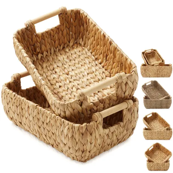 Casafield Set of 2 Water Hyacinth Seagrass Oval Storage Baskets with Wooden Handles - Woven Bin Organizers {7}