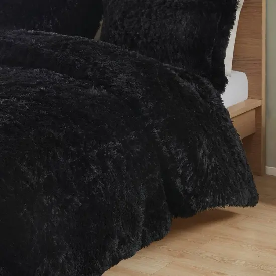 Black Soft Sherpa Faux Fur 3-Piece Comforter Set with Pillow Shams {5}