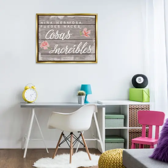 Stupell Industries Ni&ntilde;a Hacer Cosas Incre&iacute;bles Framed Floater Canvas Wall Art Gold Floater Frame {2}