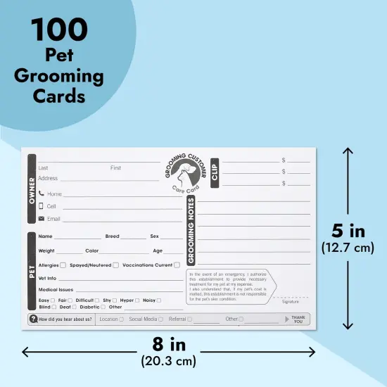 Juvale 100-Pack Pet Grooming Cards, Customer Information Cards - 8 x 5 Inches Cat or Dog Grooming Client Card and Contact Profile Extender, Pet Info Record Clip Card for Groomers {3}