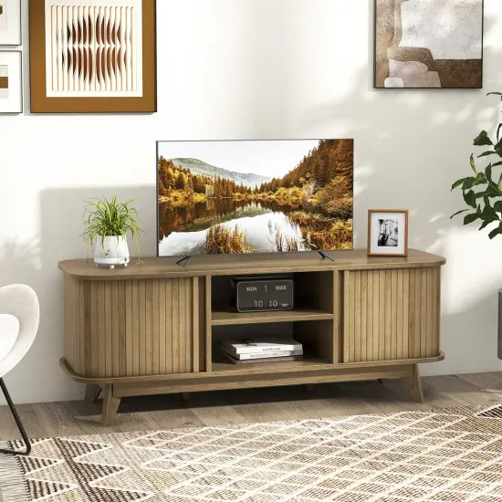 Costway TV Stand for TV up to 55 Inch Television Cabinet with 2 Open Shelves Sliding Doors {4}