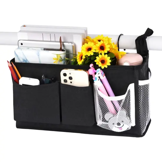 Bedside Caddy/Bedside Storage Bag Hanging Organizer for Bunk and Hospital Beds,Dorm Rooms Bed Rails,Can be Placed Glasses,Books,Mobile Phones,Keys (New Black-1) {1}