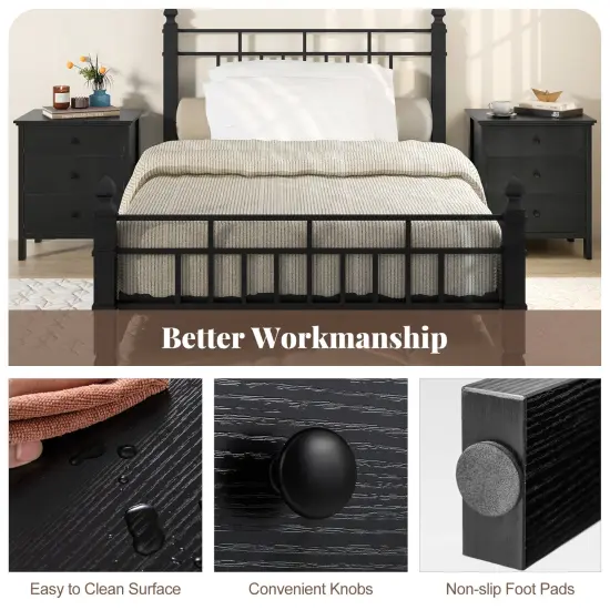 Costway Nightstand Beside End Side Table Accent Table Organizer W/3 Drawers Black {6}