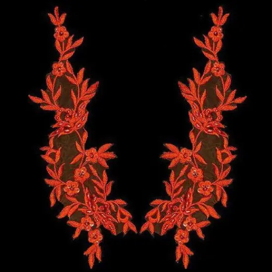 1 Pair Beaded Floral Lace Applique Embroidered on 100% Polyester Organza 10" x 2.5" Each Side Red {2}